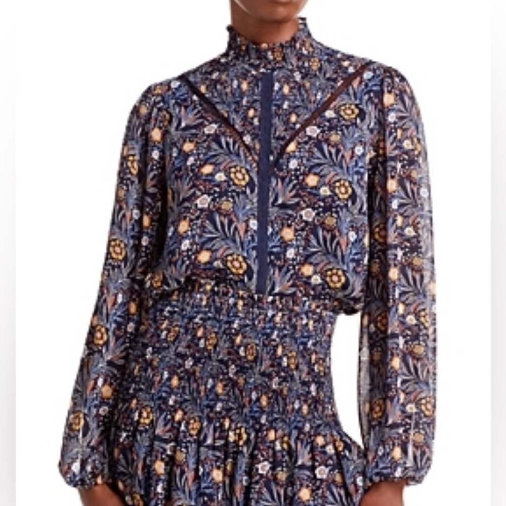 Aqua Womens Prairie Smocked Mock Neck Puff Long Sleeve Blouse Navy Floral XS